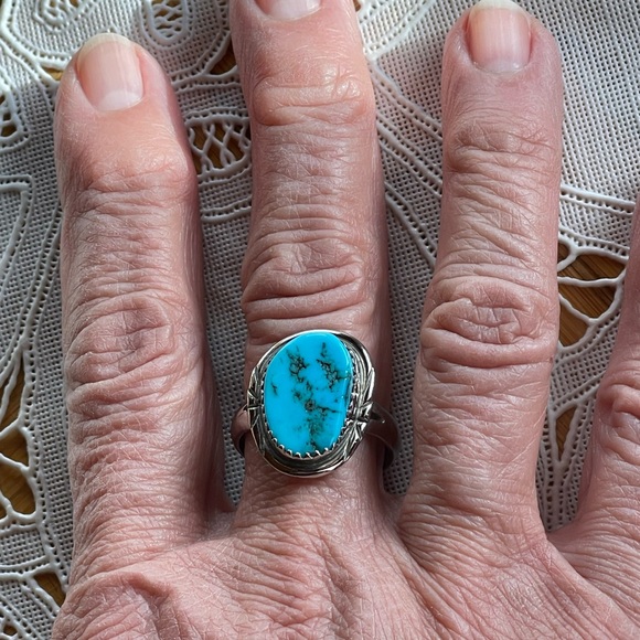 Vintage turquoise & sterling silver ring matrix custom design size 9.5 - Picture 8 of 8